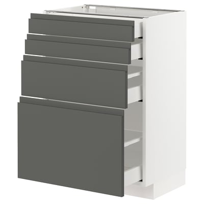 Modern grey cabinet, four drawers, white base, integrated handles.