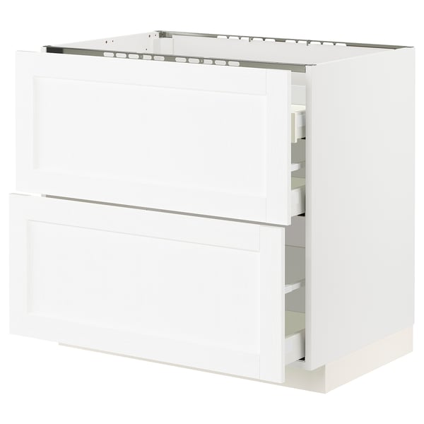 White modern kitchen cabinet, sleek design, multiple drawers, high gloss finish.