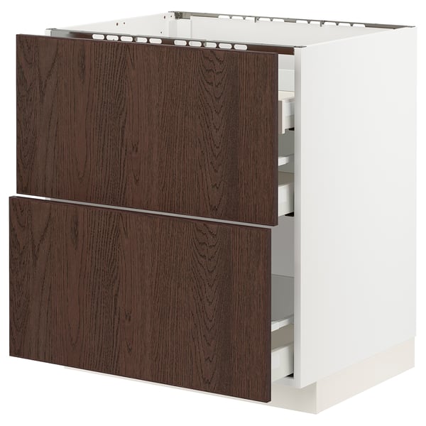 Modern METOD kitchen cabinet with dark brown sinarp fronts, oak veneer, and solid wood edging, featuring two smooth drawers.