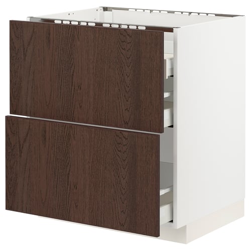 Modern METOD kitchen cabinet with dark brown sinarp fronts, oak veneer, and solid wood edging, featuring two smooth drawers.