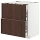 Modern METOD kitchen cabinet with dark brown sinarp fronts, oak veneer, and solid wood edging, featuring two smooth drawers.
