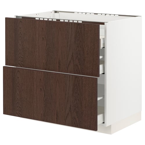 Modern kitchen unit with dark brown wood drawers, white frame, two large drawers and one smaller compartment.