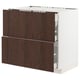 Modern kitchen unit with dark brown wood drawers, white frame, two large drawers and one smaller compartment.