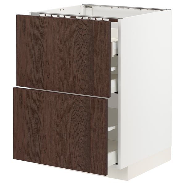 Depicts a modern white kitchen cabinet with dark brown wooden drawers. It has two large drawers and a pull-out shelf.