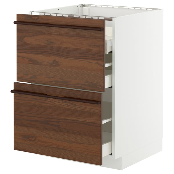 METOD kitchen cabinet with dark brown stained ash veneer and wooden handles.