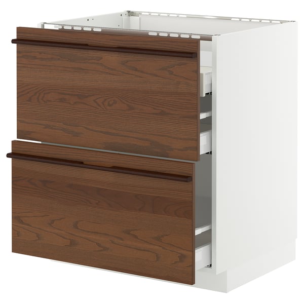 Dark brown stained ash drawers on white cabinet, modern kitchen design.