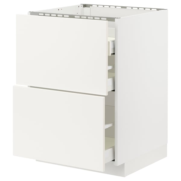 White kitchen cabinet, part of the METOD system, featuring two drawers and one door. Crafted from particleboard with a smooth, clean design.