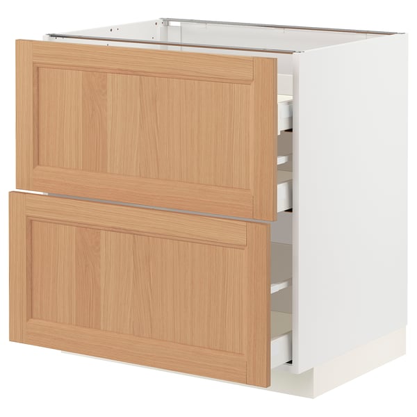 METOD oak kitchen cabinet with 2 drawers, wooden finish, metallic handles.