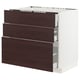 Modern kitchen cabinet with dark brown wooden drawers and white frame. Three drawers, sleek design.
