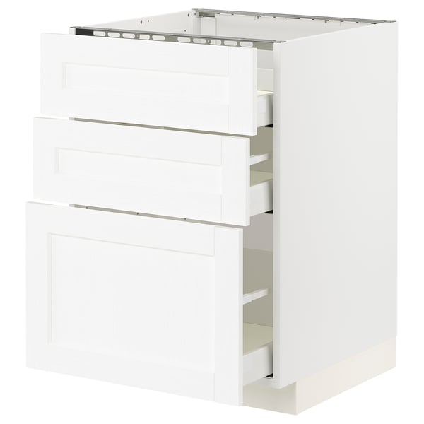 White, modern kitchen cabinet with three drawers and clean lines.
