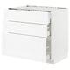 White METOD kitchen cabinet, three drawers, modern design, wooden texture.