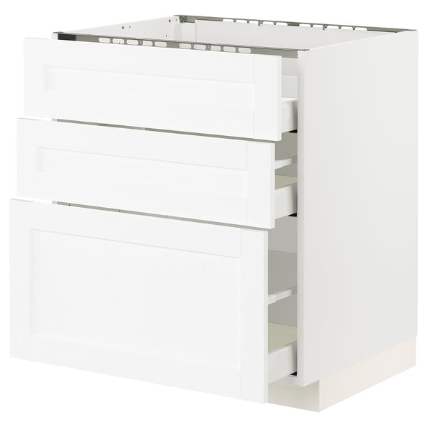 White METOD kitchen cabinets with drawers and shelves, modern design, particleboard & laminate, smooth drawers, stable top.