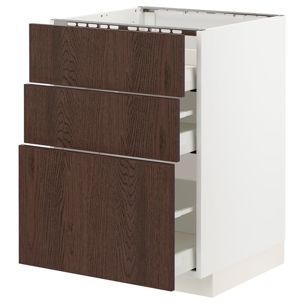 METOD kitchen unit, white and dark brown, three drawers, wood edging, sleek modern design.
