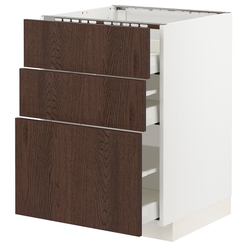 METOD kitchen unit, white and dark brown, three drawers, wood edging, sleek modern design.