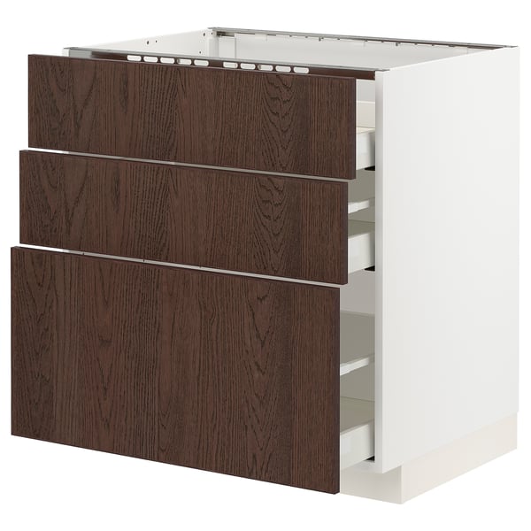 Modern kitchen cabinet, white & brown, wooden drawers.