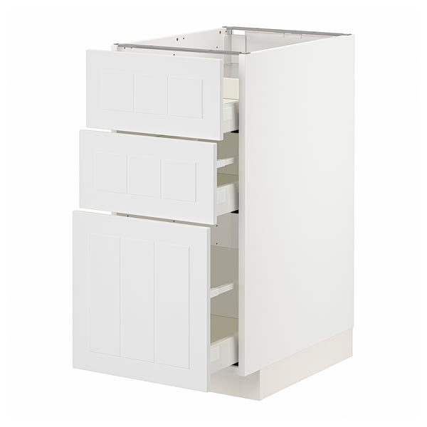 White METOD kitchen cabinet with 3 smooth drawers, tall, rectangular, modern minimalist design.