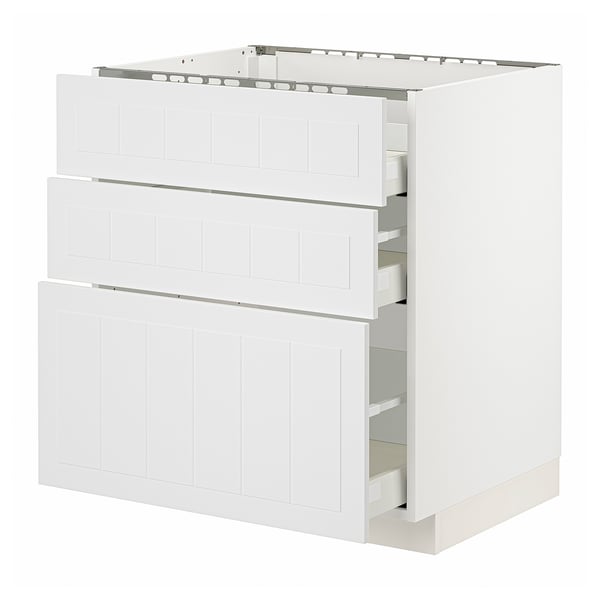METOD white kitchen cabinet with three drawers, modern design.