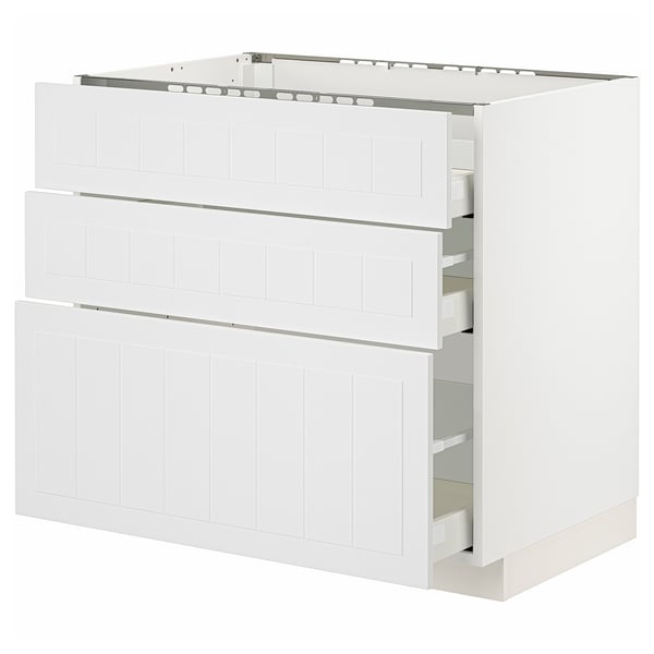 White METOD kitchen cabinet with three drawers and two doors, smooth and modern design.