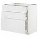 White METOD kitchen cabinet with three drawers and two doors, smooth and modern design.
