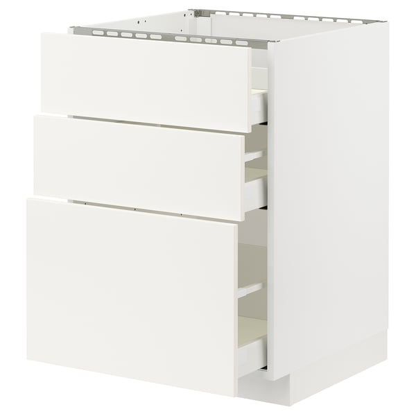METOD white kitchen cabinet with three drawers, sleek and modern design.