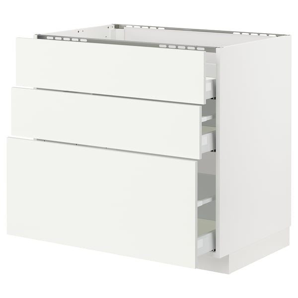 METOD white kitchen unit with three drawers, sleek modern design.