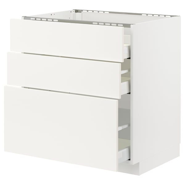 White METOD kitchen cabinet with modern minimalist design, featuring three drawers.