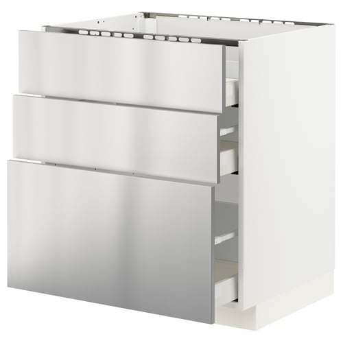 Stainless steel ikea METOD kitchen cabinets with three drawers.
