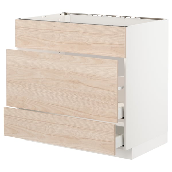 METOD kitchen cabinet, light ash wood, 3 drawers, white base, rectangular.