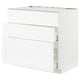 A white METOD kitchen cabinet with a glossy finish and two open drawers.