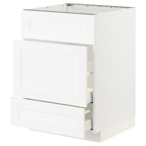 White METOD kitchen cabinet with drawers. Simple, modern design. White finish, squared shape.