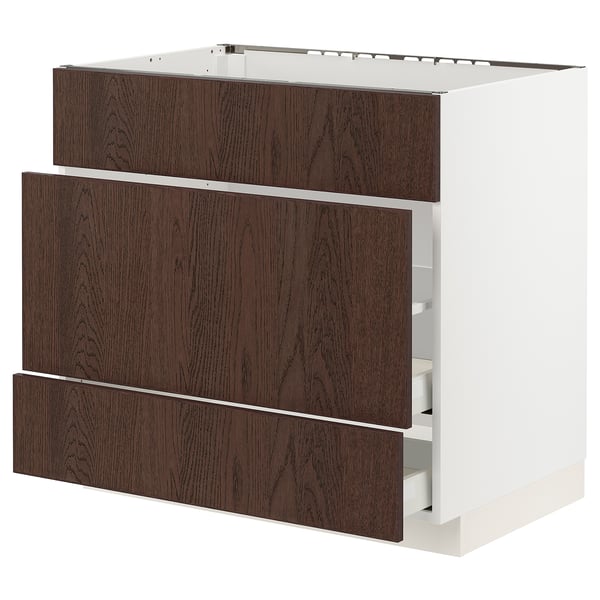 Modern dark brown oak kitchen cabinet with 3 drawers.