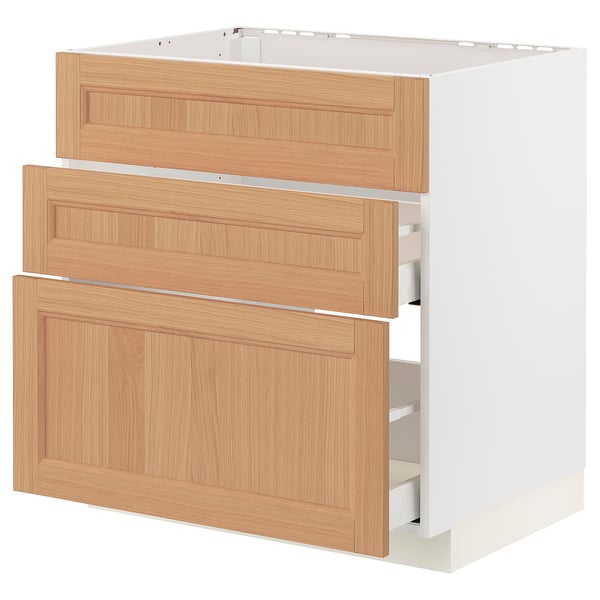 Ikea METOD kitchen cabinet, white and oak, three drawers, rectangular, modern design.