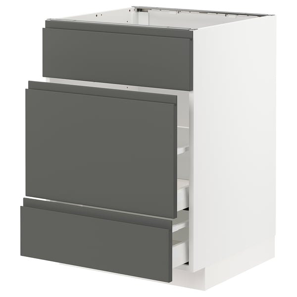 Modern dark grey kitchen cabinet with three drawers, part of IKEAs METOD system, featuring a sleek, rectangular design with integrated handles.