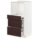 White and dark brown ikea METOD kitchen cabinet with multiple drawers and pull-out shelf.
