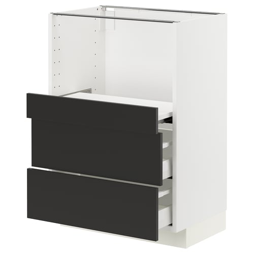 Modern white METOD kitchen unit with black drawer fronts, minimalist design.
