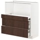 Modern kitchen unit with dark brown sinarp wooden drawers and white frame.