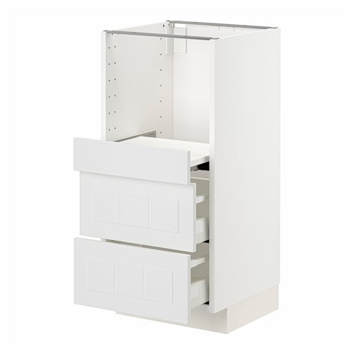 METOD white kitchen cabinet, rectangular, flat surface, two drawers, open top section.