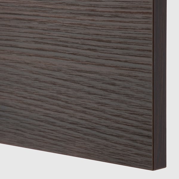 Dark wood-patterned cabinet detail. High-quality particleboard with melamine finish, smooth and sleek texture.