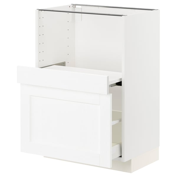 A white METOD kitchen cabinet with an open drawer and no door.
