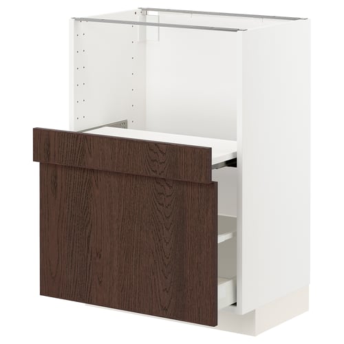 Ikea METOD kitchen unit, dark brown sinarp wood fronts, white frame, two shelves, and one drawer.