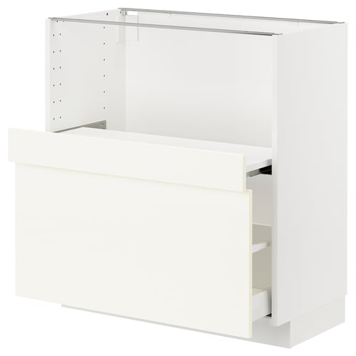 White kitchen cabinet unit, modern design with one open shelf.