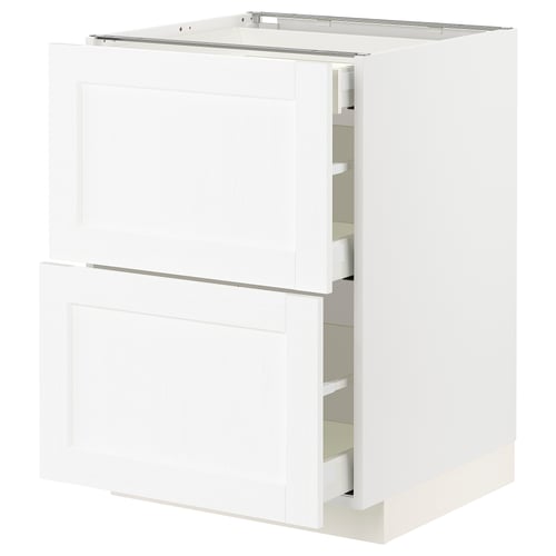 White METOD kitchen cabinet with multiple drawers and door.