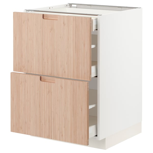 Modern white kitchen unit with natural bamboo drawers, two fully extended drawers, sleek handles.