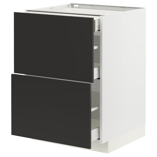 METOD kitchen unit in white with black drawers, modern and sleek design.