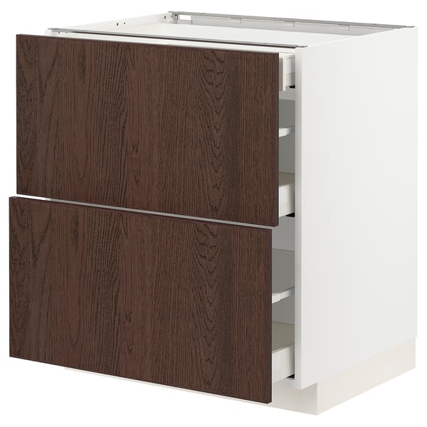 Modern kitchen unit, white & dark brown, drawers open, detailed wood grain, sturdy.