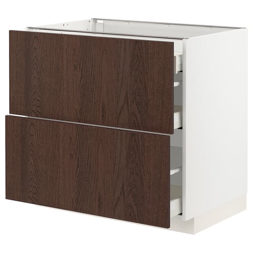 Dark brown ikea METOD kitchen cabinet with oak drawers, rectangular shape.