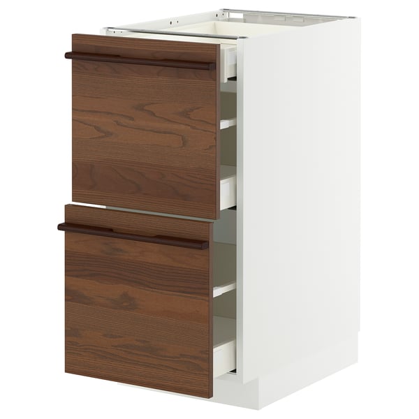 Wooden kitchen unit, dark brown, white frame, two drawers, vertical.