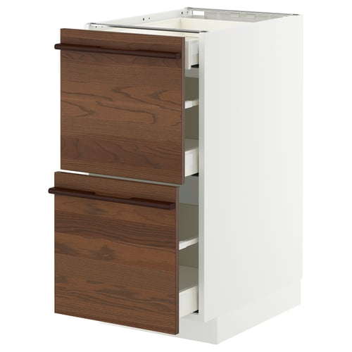 Wooden kitchen unit, dark brown, white frame, two drawers, vertical.