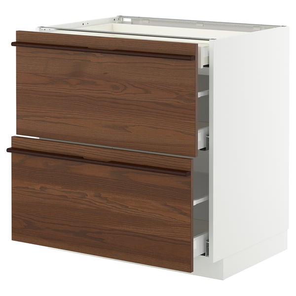 Dark brown wood kitchen cabinet with sliding drawers, sleek handles.