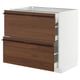Modern white kitchen cabinet with dark brown wooden drawers.